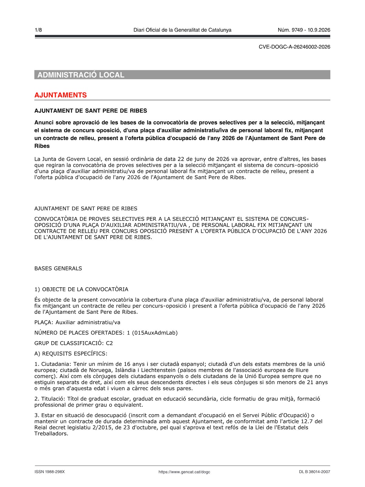 Página 1 de las bases de Auxiliar Administrativo Ayuntamiento de Sant Pere de Ribes 2026