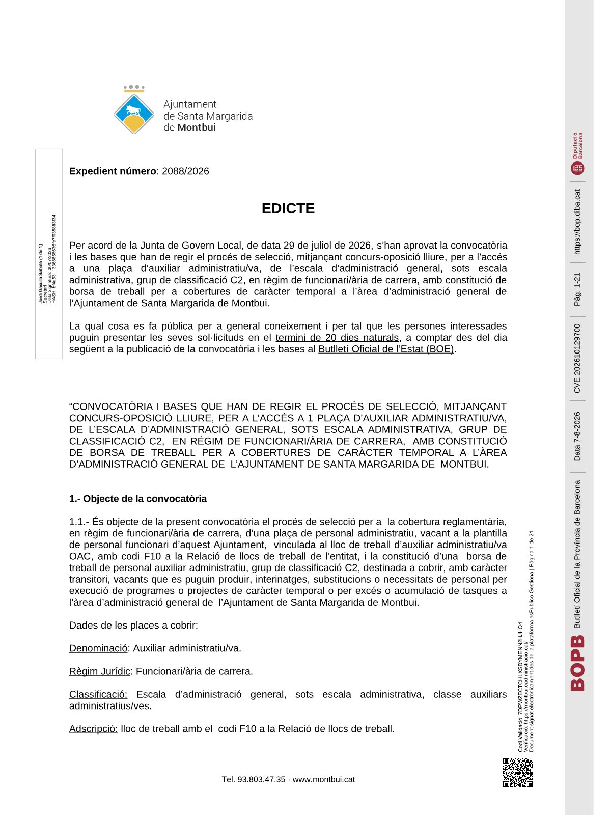 Página 1 de las bases de Auxiliar Administrativo Ayuntamiento de Santa Margarida de Montbui 2026