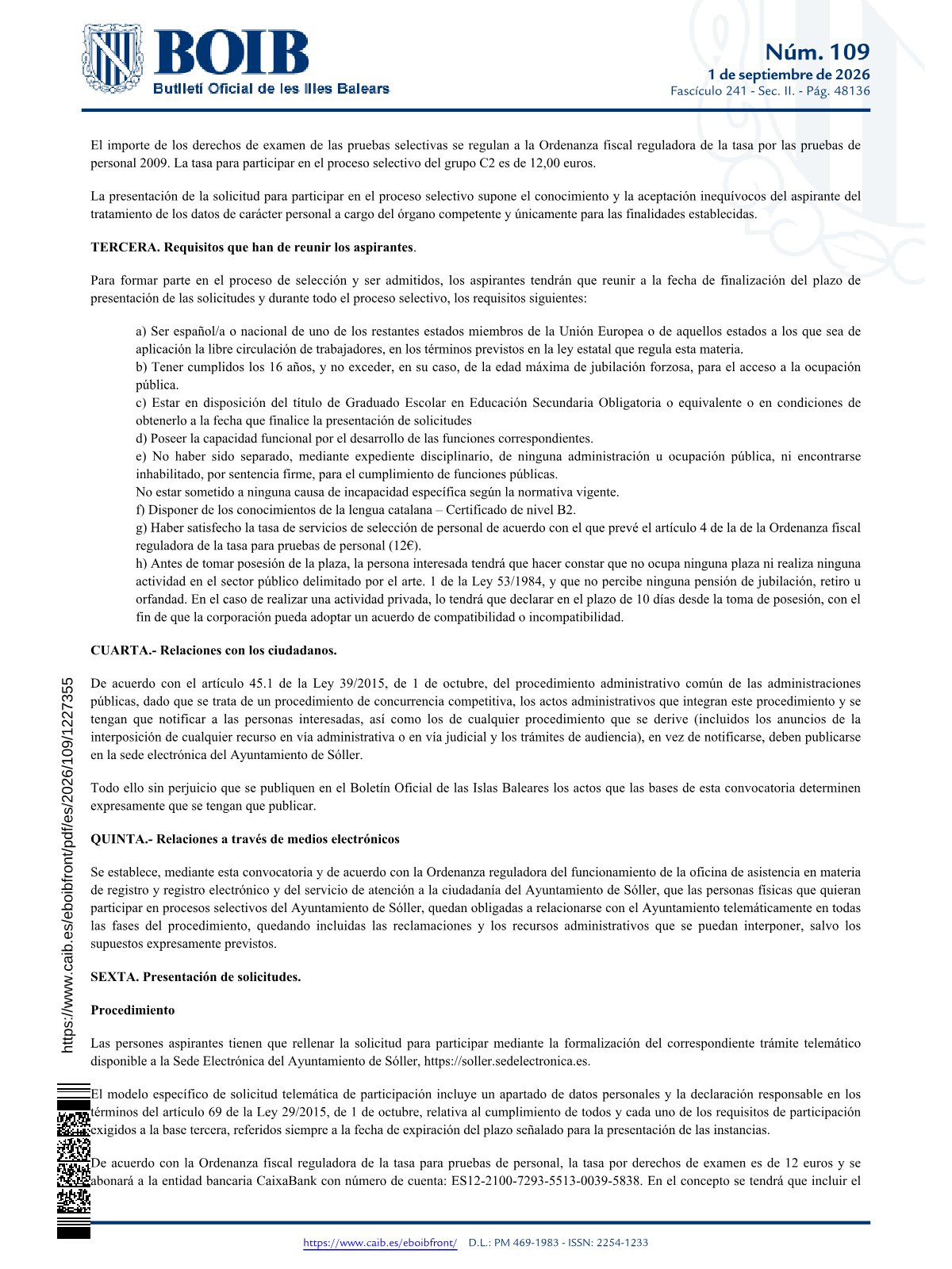 Página 2 de las bases de Auxiliar Administrativo Ayuntamiento de Sóller 2026