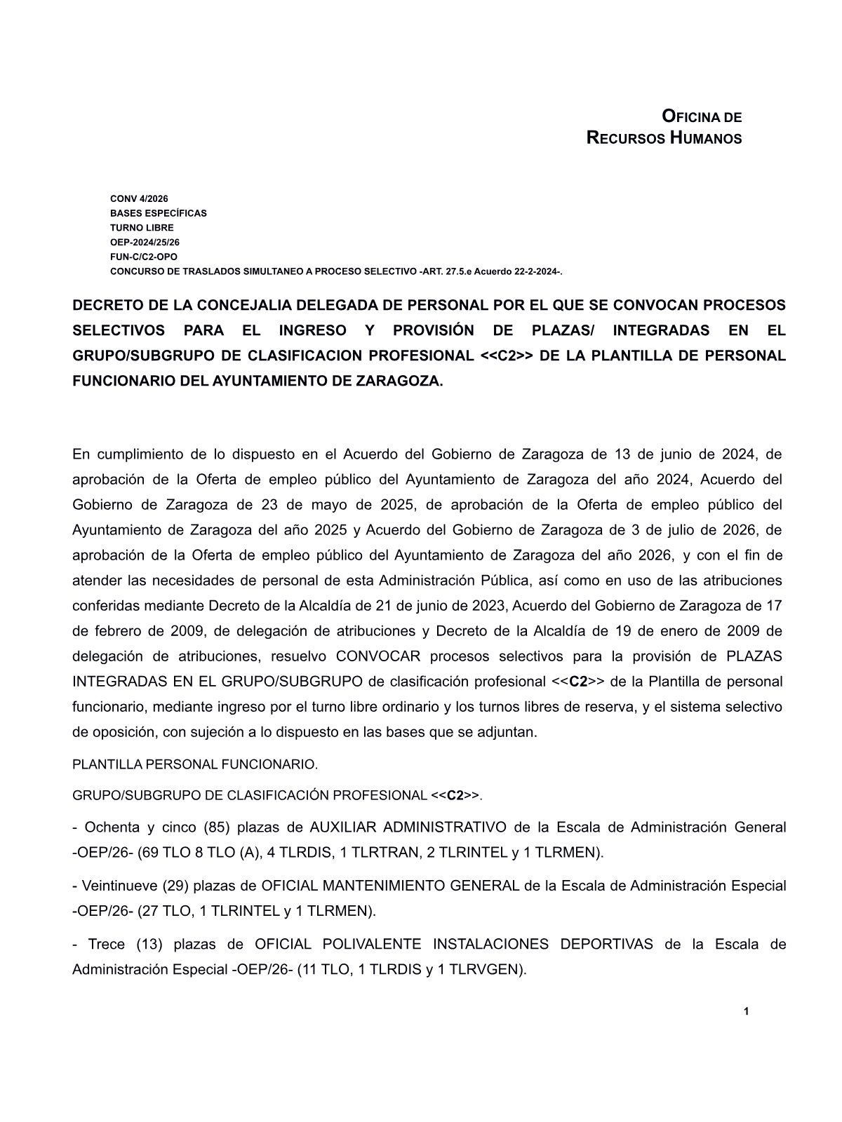 Página 1 de las bases de Auxiliar Administrativo Ayuntamiento de Zaragoza 2026