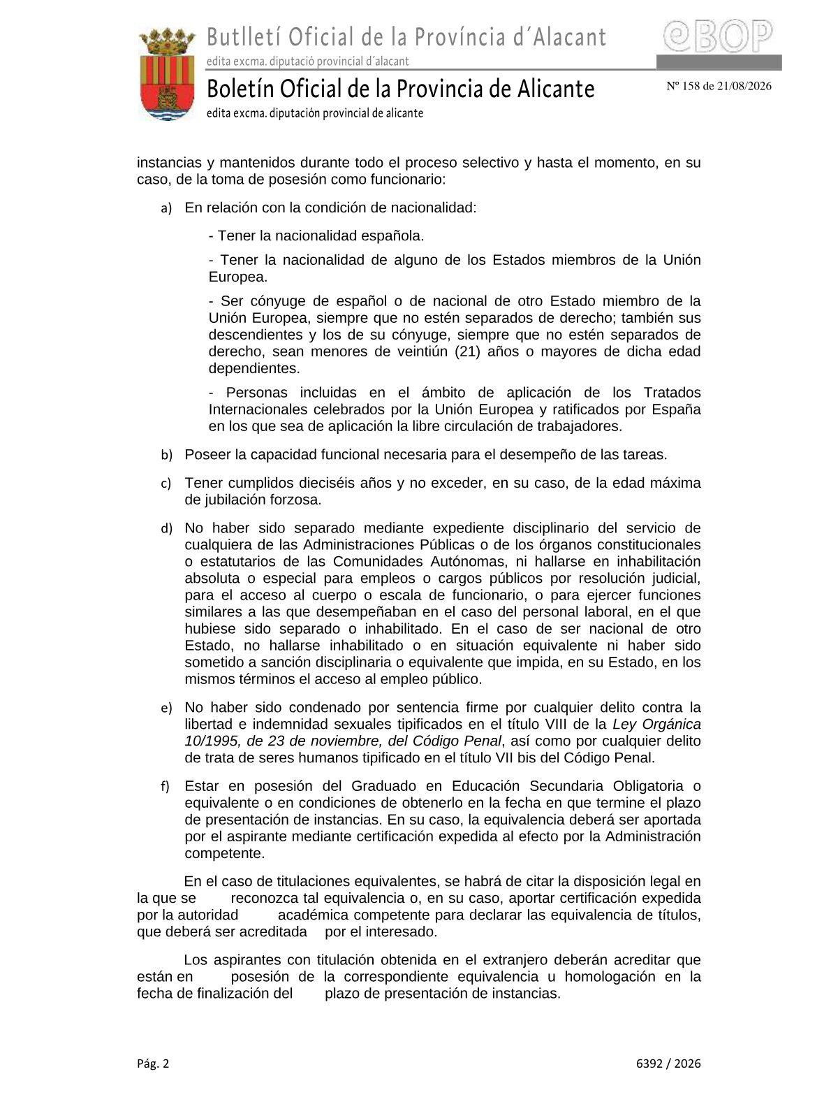 Página 2 de las bases de Auxiliar Administrativo de Servicios Sociales Santa Pola 2026