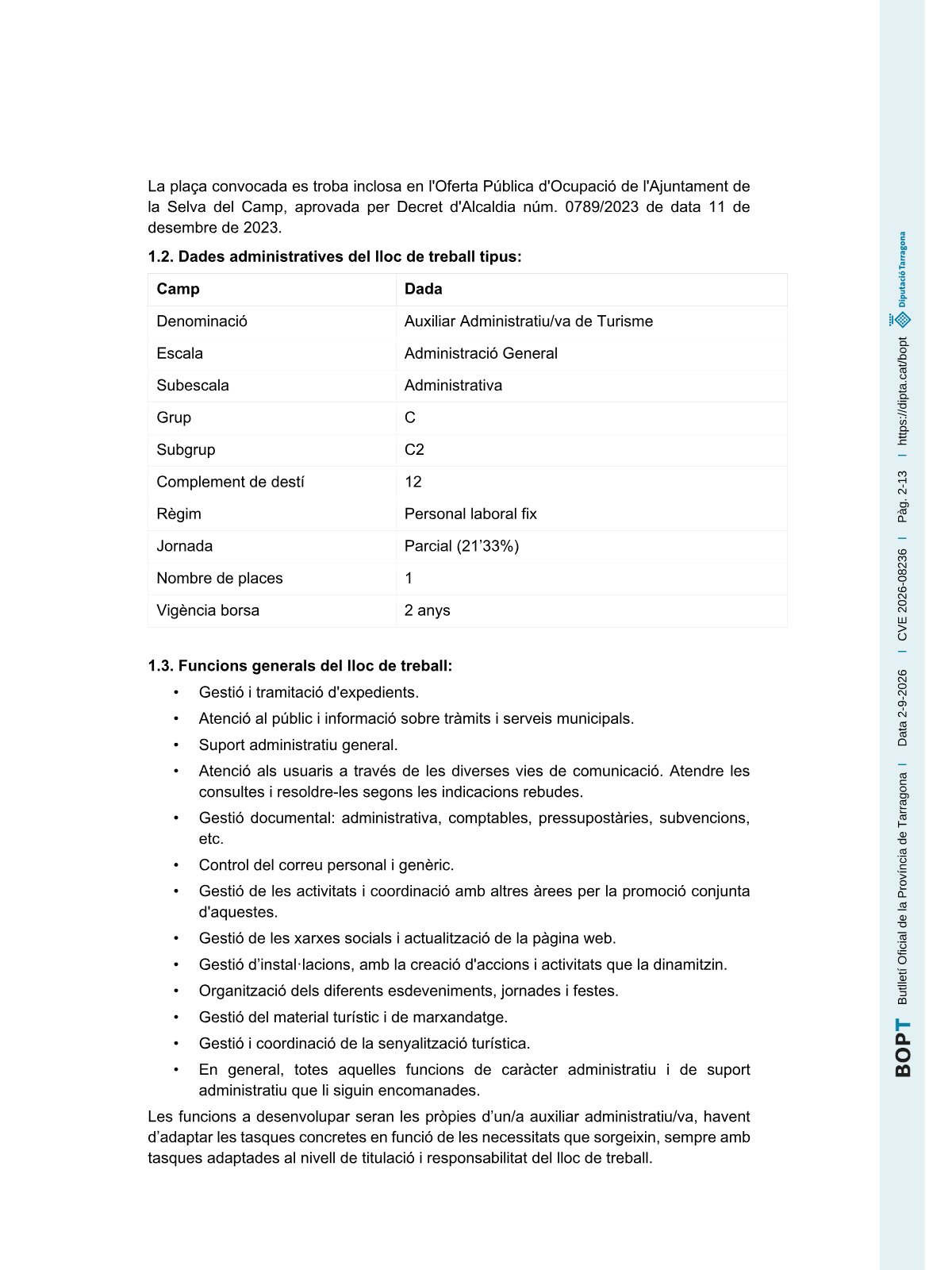 Página 2 de las bases de Auxiliar Administrativo de Turismo Ayuntamiento de La Selva del Camp 2026