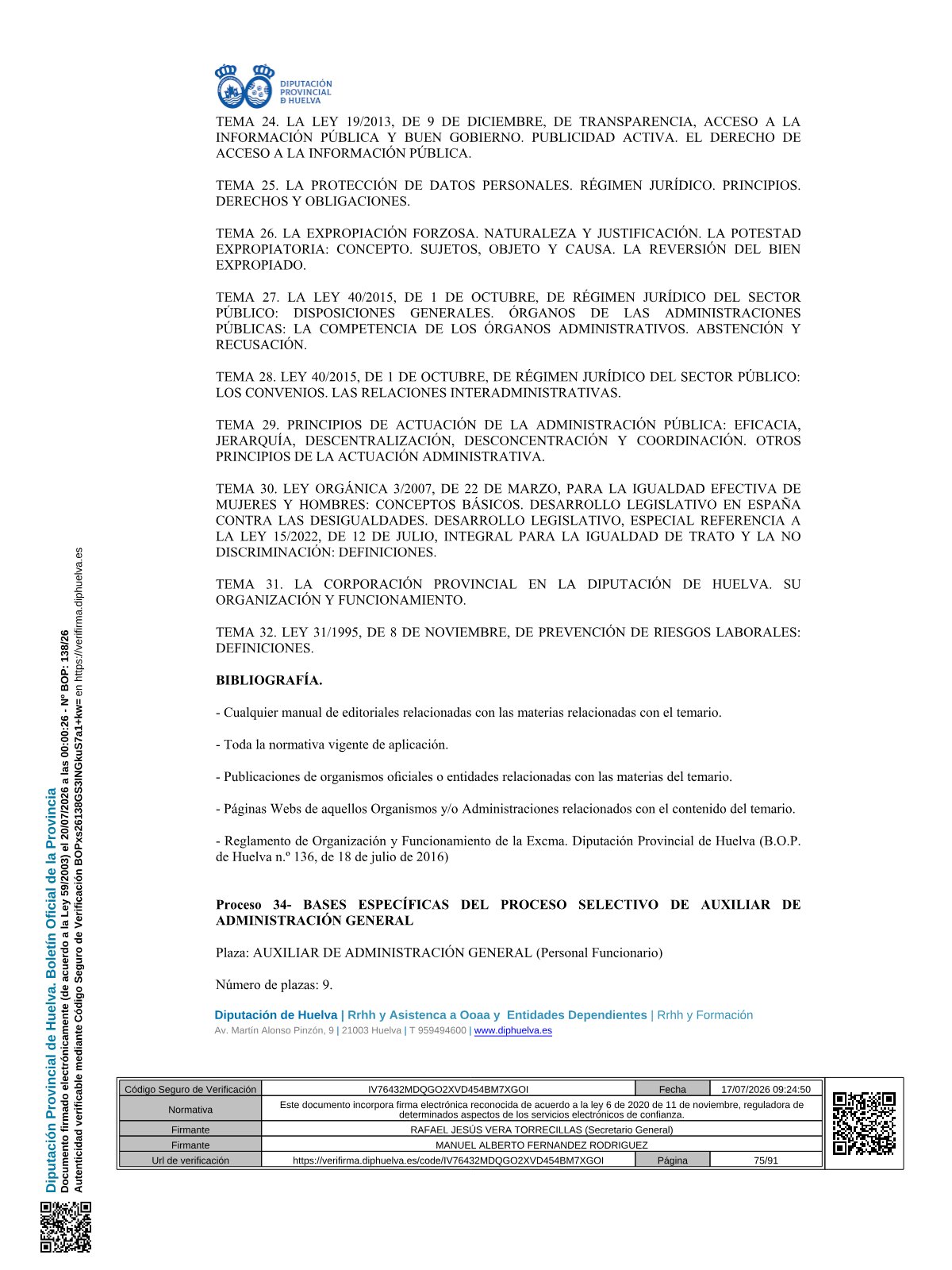 Página 75 de las bases de Auxiliar Administrativo Diputación de Huelva 2026