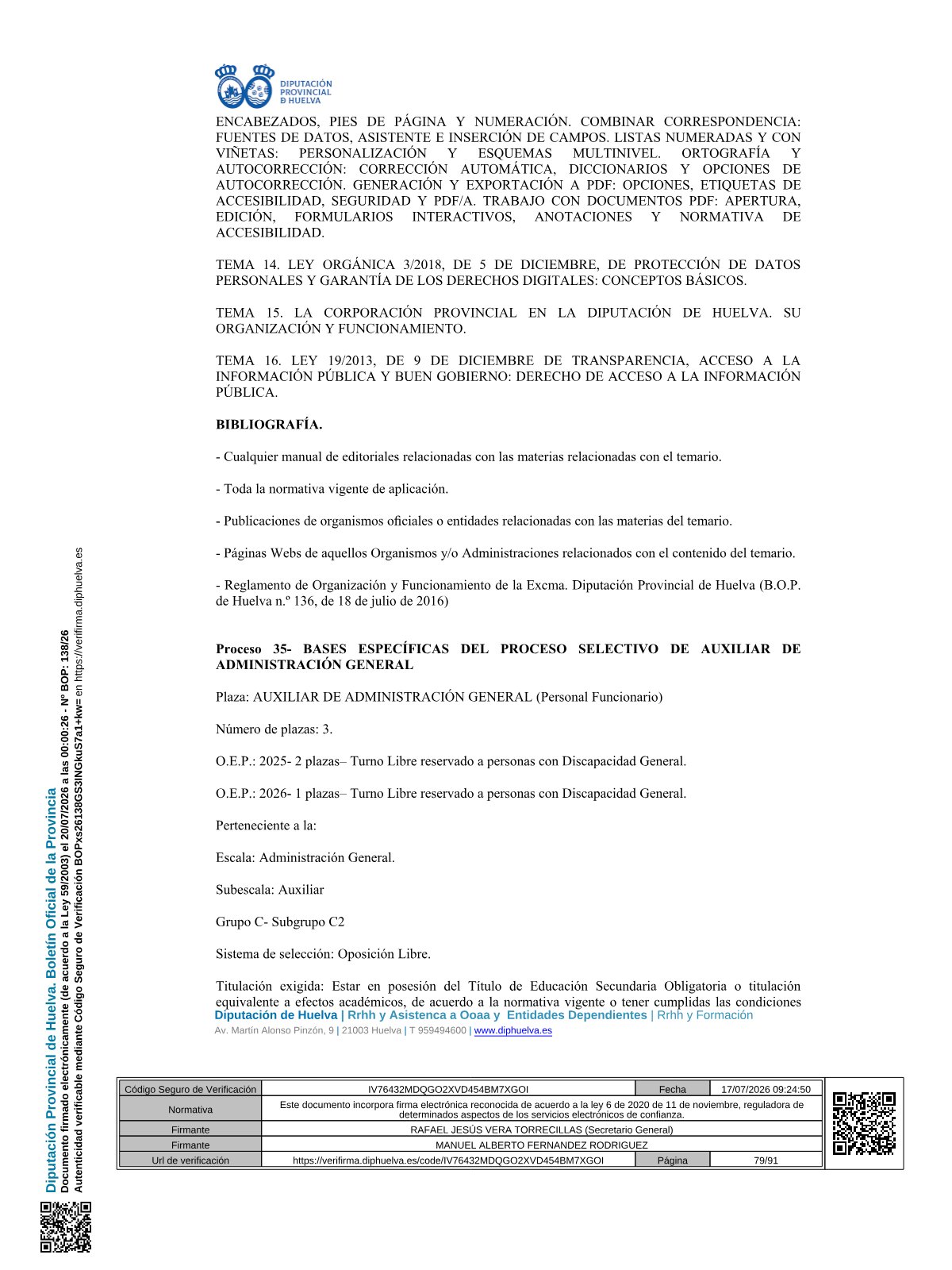 Página 79 de las bases de Auxiliar Administrativo Diputación de Huelva 2026 — discapacidad general