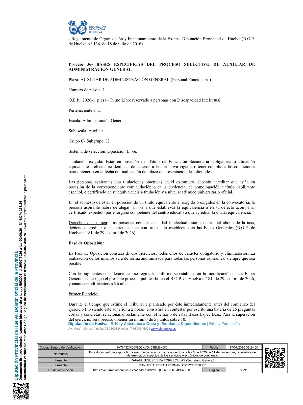 Página 83 de las bases de Auxiliar Administrativo Diputación de Huelva 2026 — discapacidad intelectual