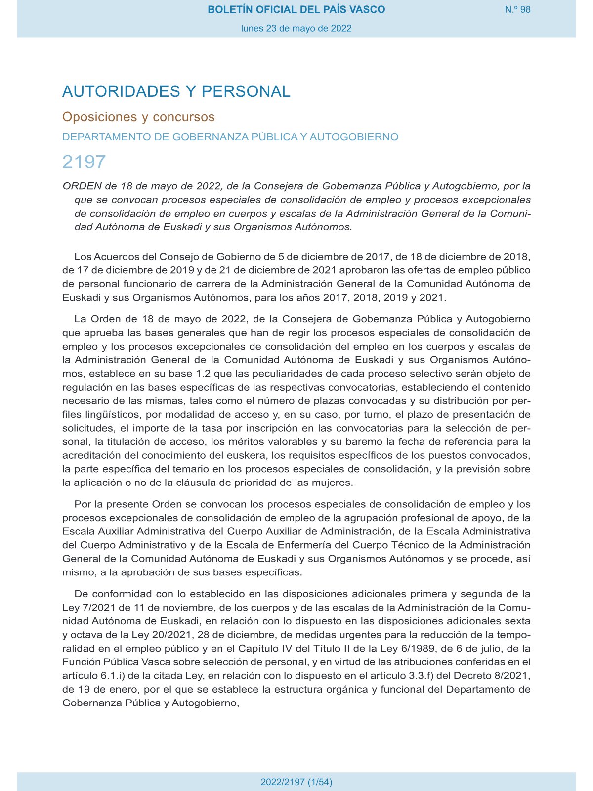 Página 1 de las bases de Auxiliar Administrativo C2 del Gobierno Vasco — preparación histórica 2022