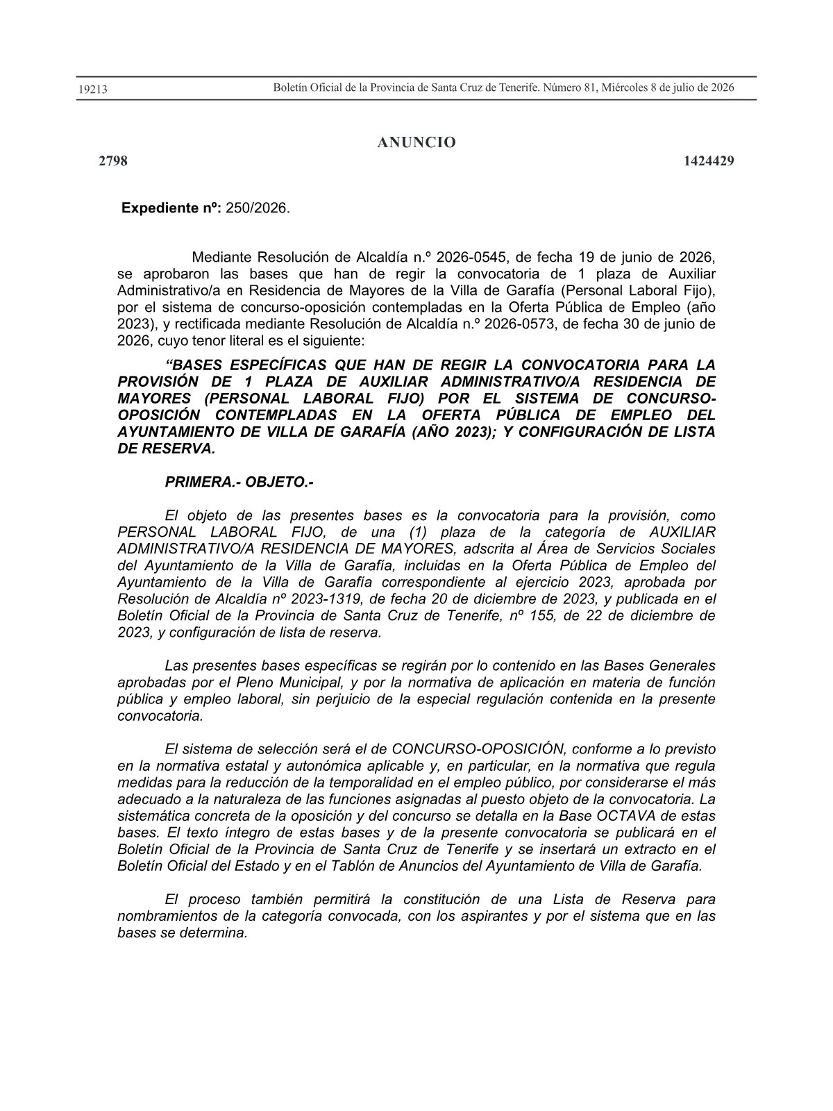 Página 202 de las bases de Auxiliar Administrativo Residencia de Mayores de Garafía 2026