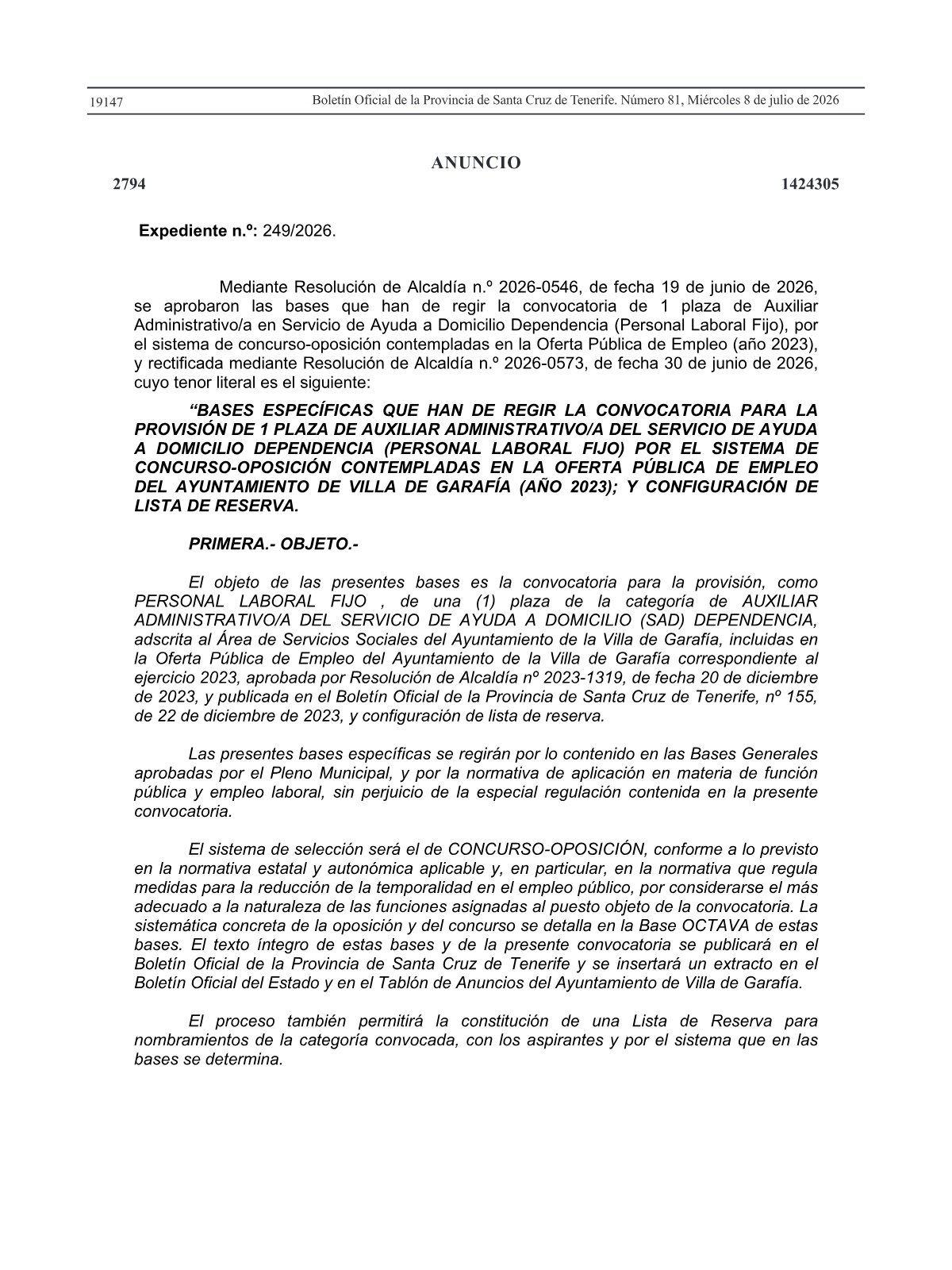 Página 136 de las bases de Auxiliar Administrativo Servicio de Ayuda a Domicilio de Garafía 2026