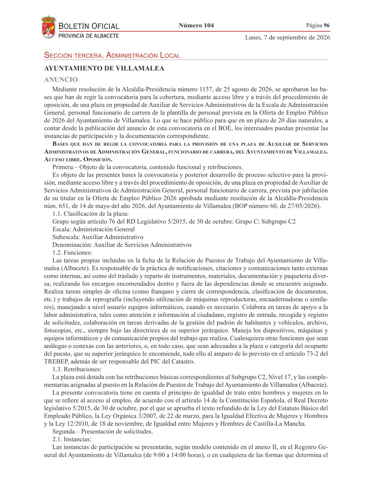 Página 1 de las bases de Auxiliar de Servicios Administrativos Ayuntamiento de Villamalea 2026