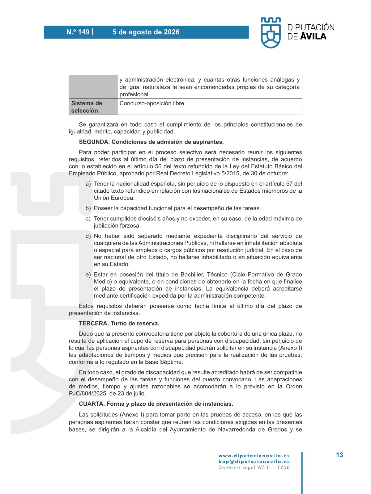 Página 2 de las bases de Oficial Primera Administrativo Ayuntamiento de Navarredonda de Gredos 2026