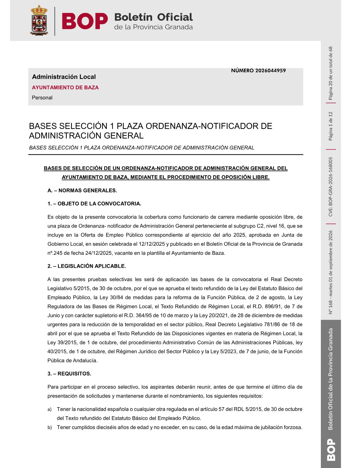 Página 1 de las bases de Ordenanza-Notificador Ayuntamiento de Baza 2026