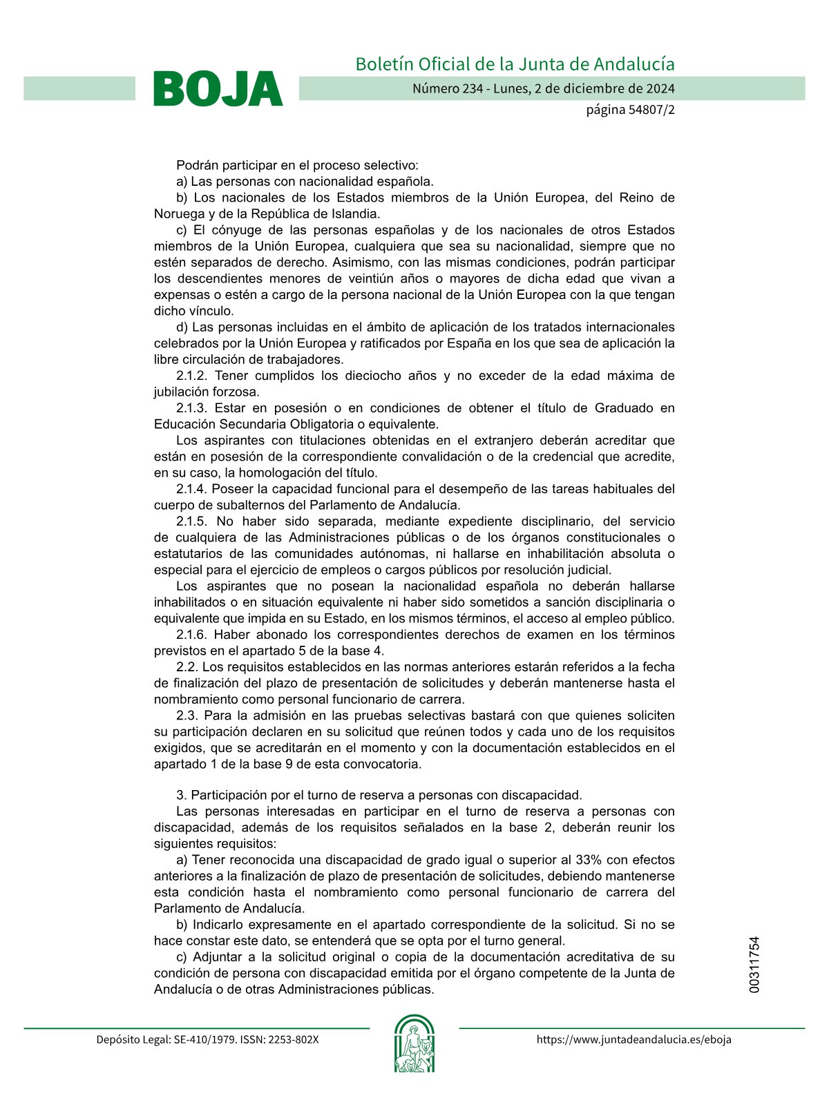 Página 2 de las bases de Subalterno Parlamento de Andalucía 2024
