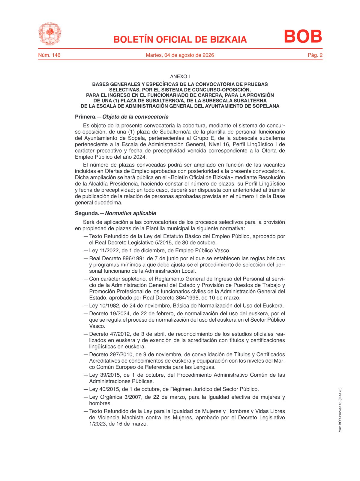 Página 2 de las bases de Subalterno Ayuntamiento de Sopela 2026