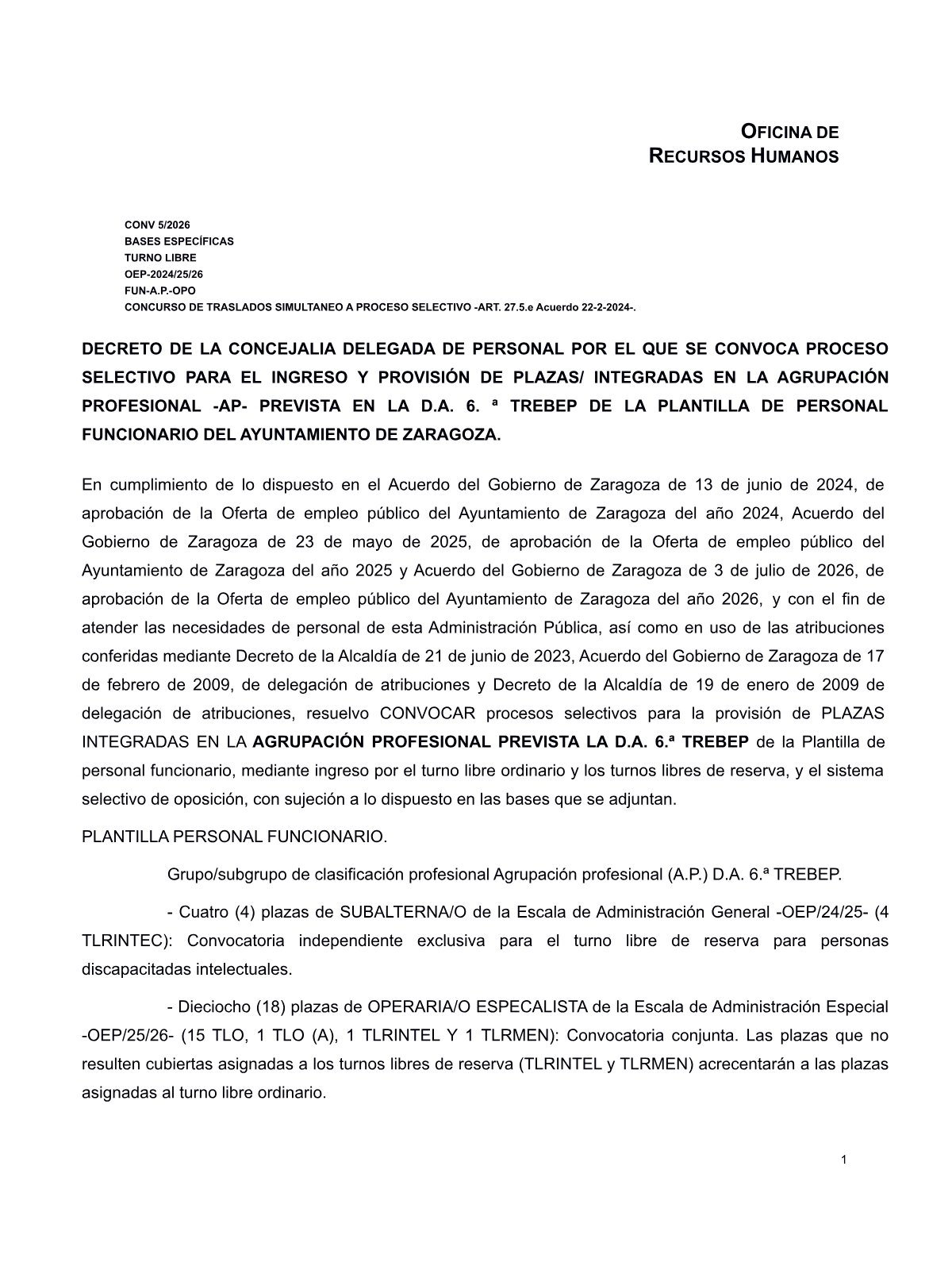 Página 1 de las bases de Subalterno Ayuntamiento de Zaragoza 2026 — discapacidad intelectual