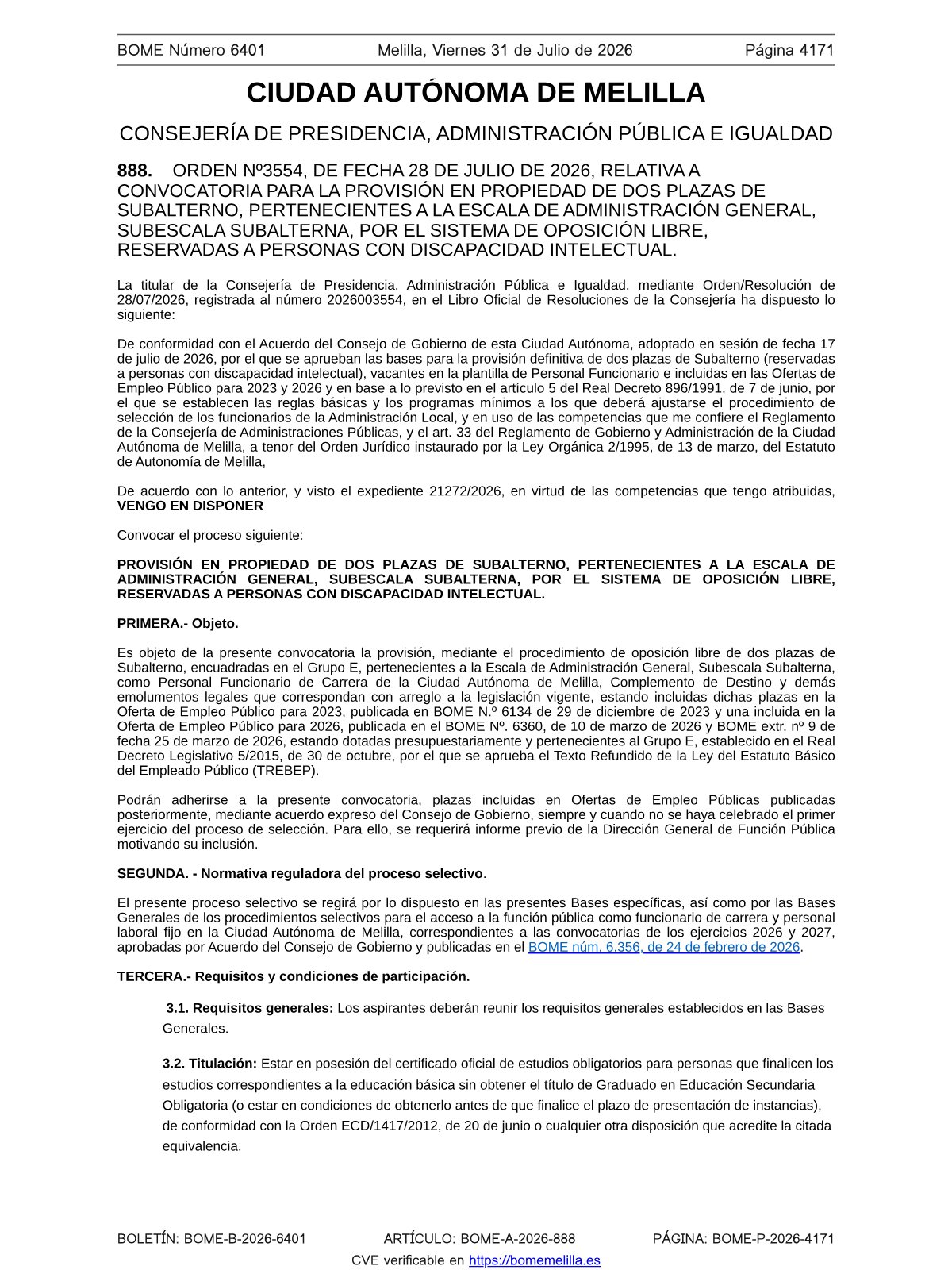 Página 1 de las bases de Subalterno Ciudad Autónoma de Melilla 2026 — discapacidad intelectual