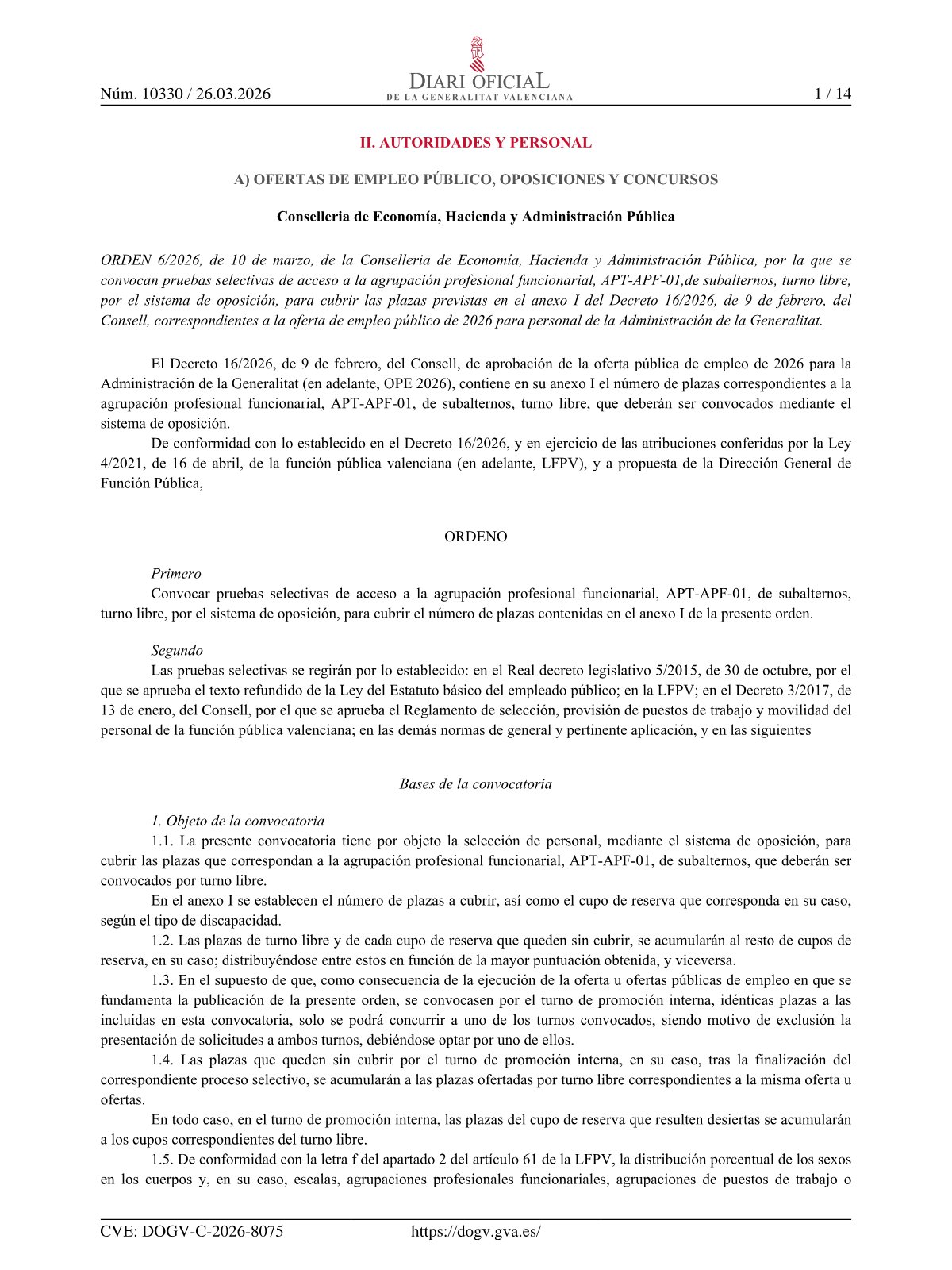 Página 1 de las bases de Subalternos de la Generalitat Valenciana APF 2026 — convocatoria 80/26
