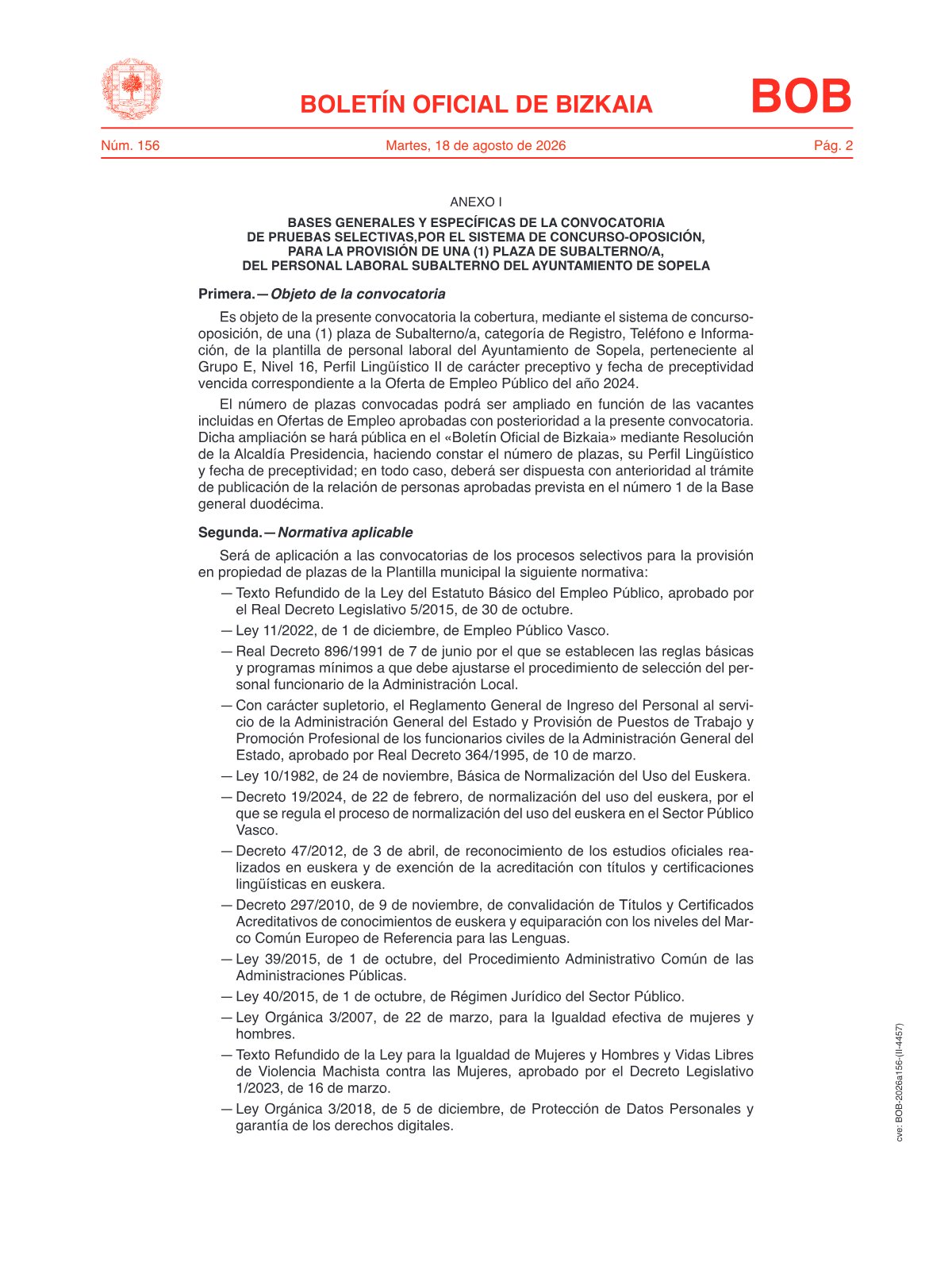 Página 18 de las bases de Subalterno de Registro, Teléfono e Información Ayuntamiento de Sopela 2026