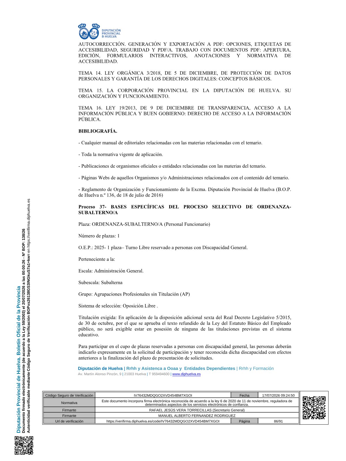 Página 86 de las bases de Subalterno Diputación de Huelva 2026 — discapacidad general