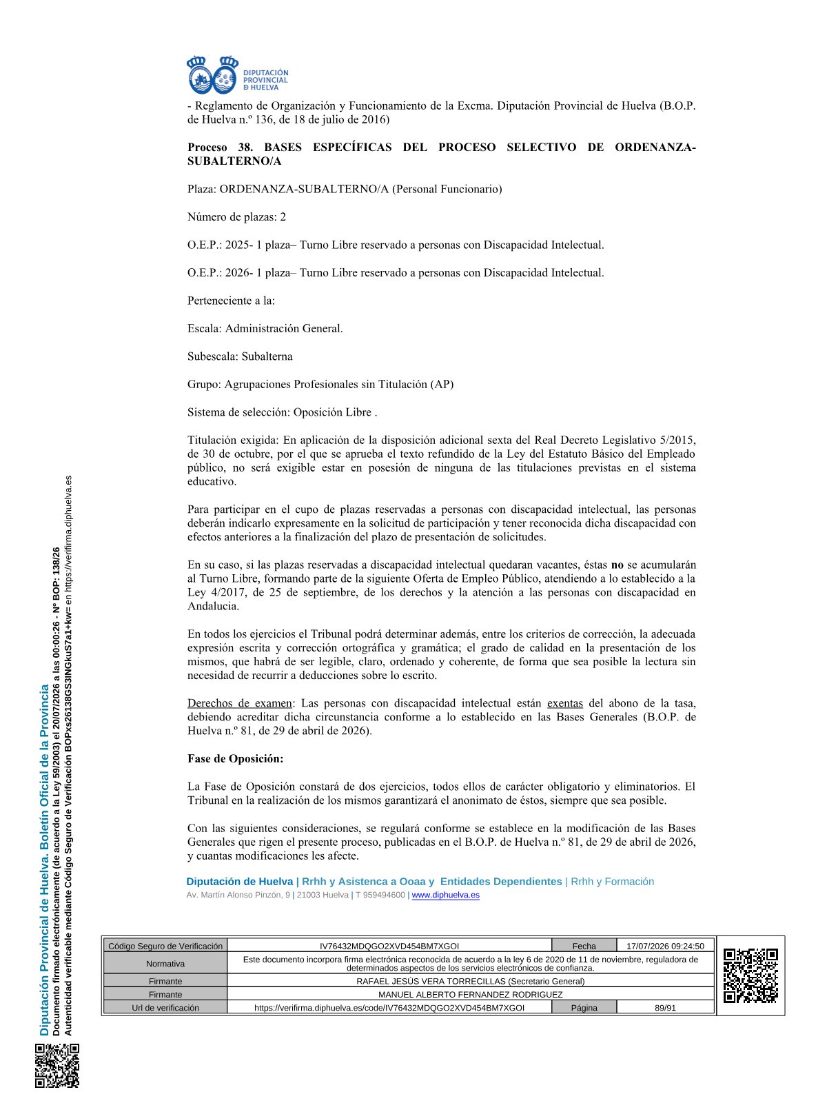 Página 89 de las bases de Subalterno Diputación de Huelva 2026 — discapacidad intelectual