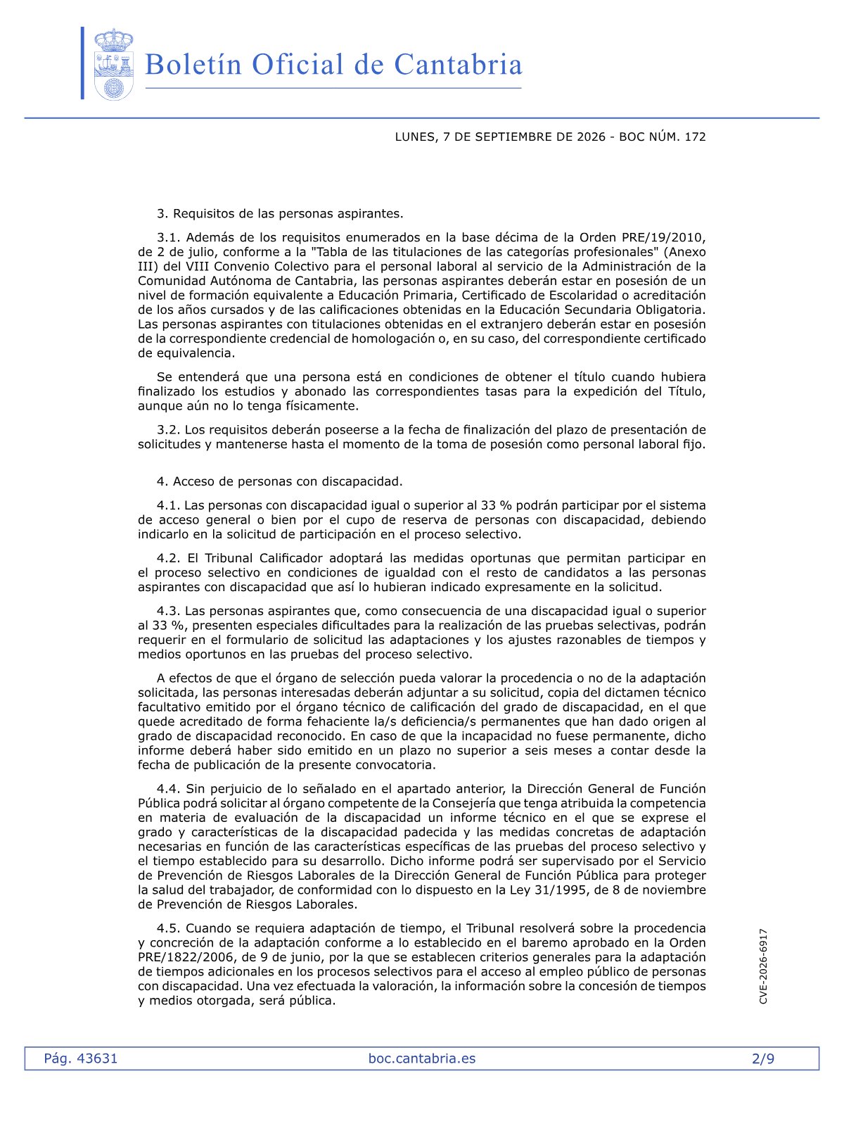 Página 2 de las bases de Subalterno Gobierno de Cantabria 2026