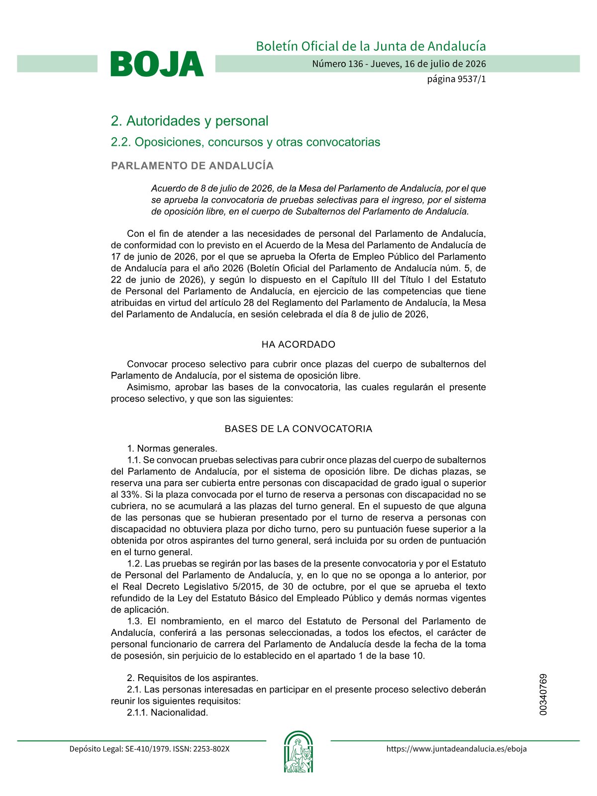 Página 1 de las bases de Subalterno Parlamento de Andalucía 2026