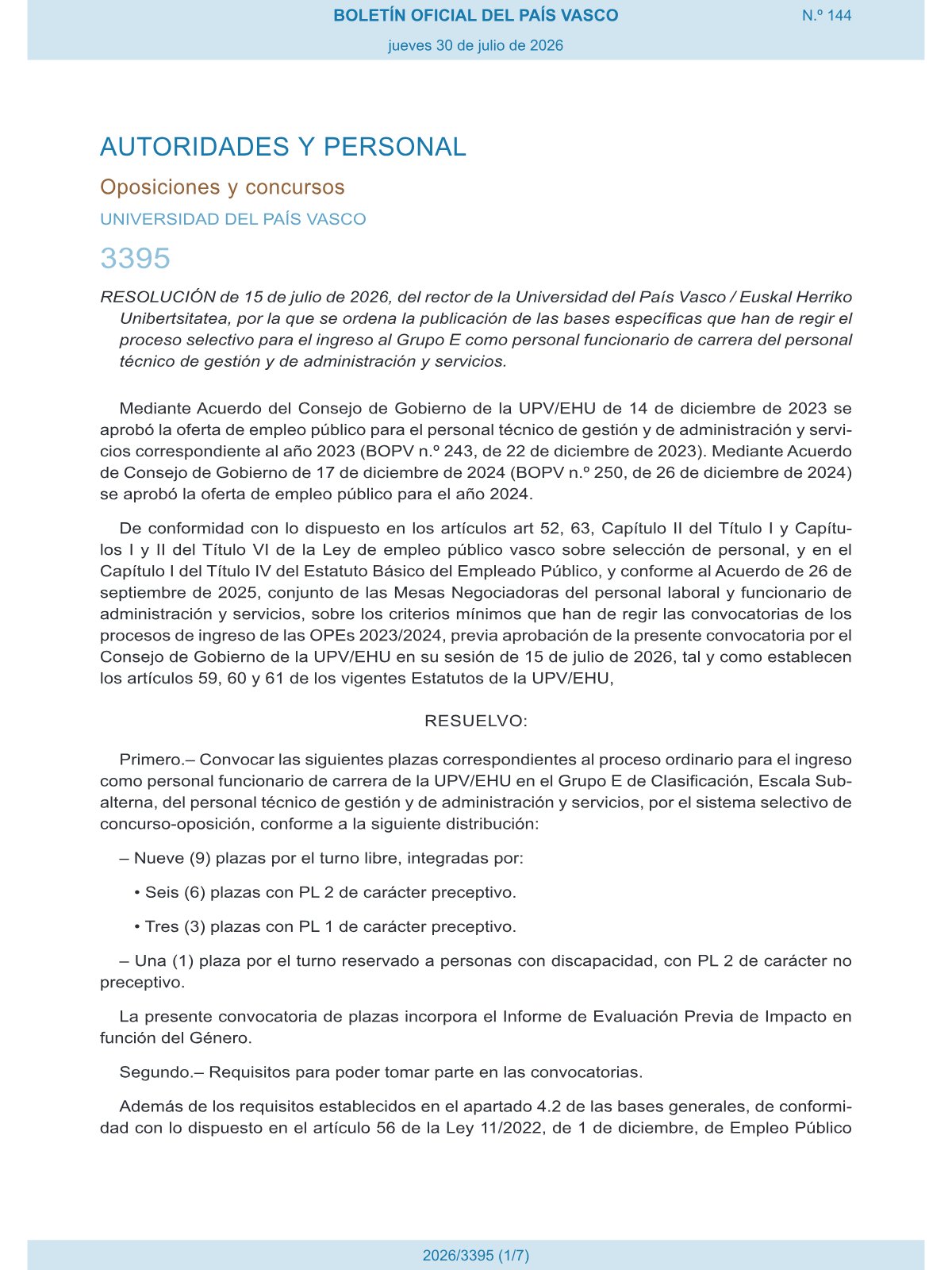 Página 1 de las bases de Subalterno Universidad del País Vasco 2026
